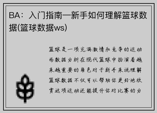 BA：入门指南—新手如何理解篮球数据(篮球数据ws)