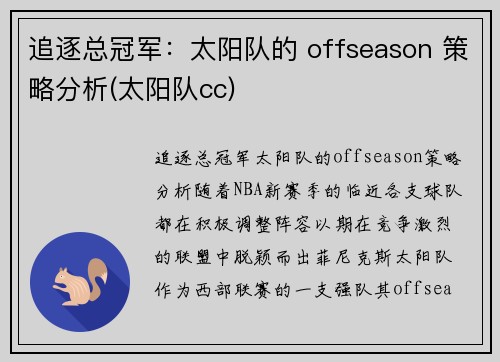 追逐总冠军：太阳队的 offseason 策略分析(太阳队cc)