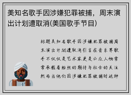 美知名歌手因涉嫌犯罪被捕，周末演出计划遭取消(美国歌手节目)