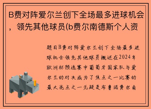 B费对阵爱尔兰创下全场最多进球机会，领先其他球员(b费尔南德斯个人资料曼联)