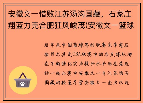 安徽文一惜败江苏汤沟国藏，石家庄翔蓝力克合肥狂风峻茂(安徽文一篮球俱乐部官网)