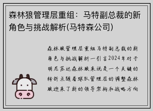 森林狼管理层重组：马特副总裁的新角色与挑战解析(马特森公司)