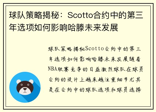 球队策略揭秘：Scotto合约中的第三年选项如何影响哈滕未来发展