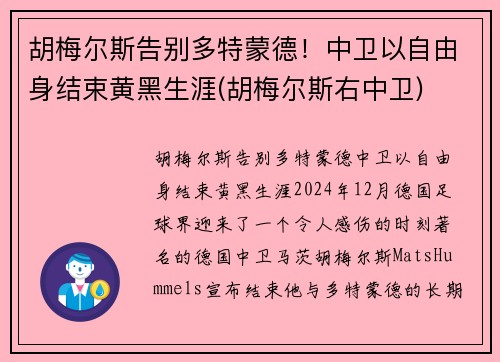 胡梅尔斯告别多特蒙德！中卫以自由身结束黄黑生涯(胡梅尔斯右中卫)